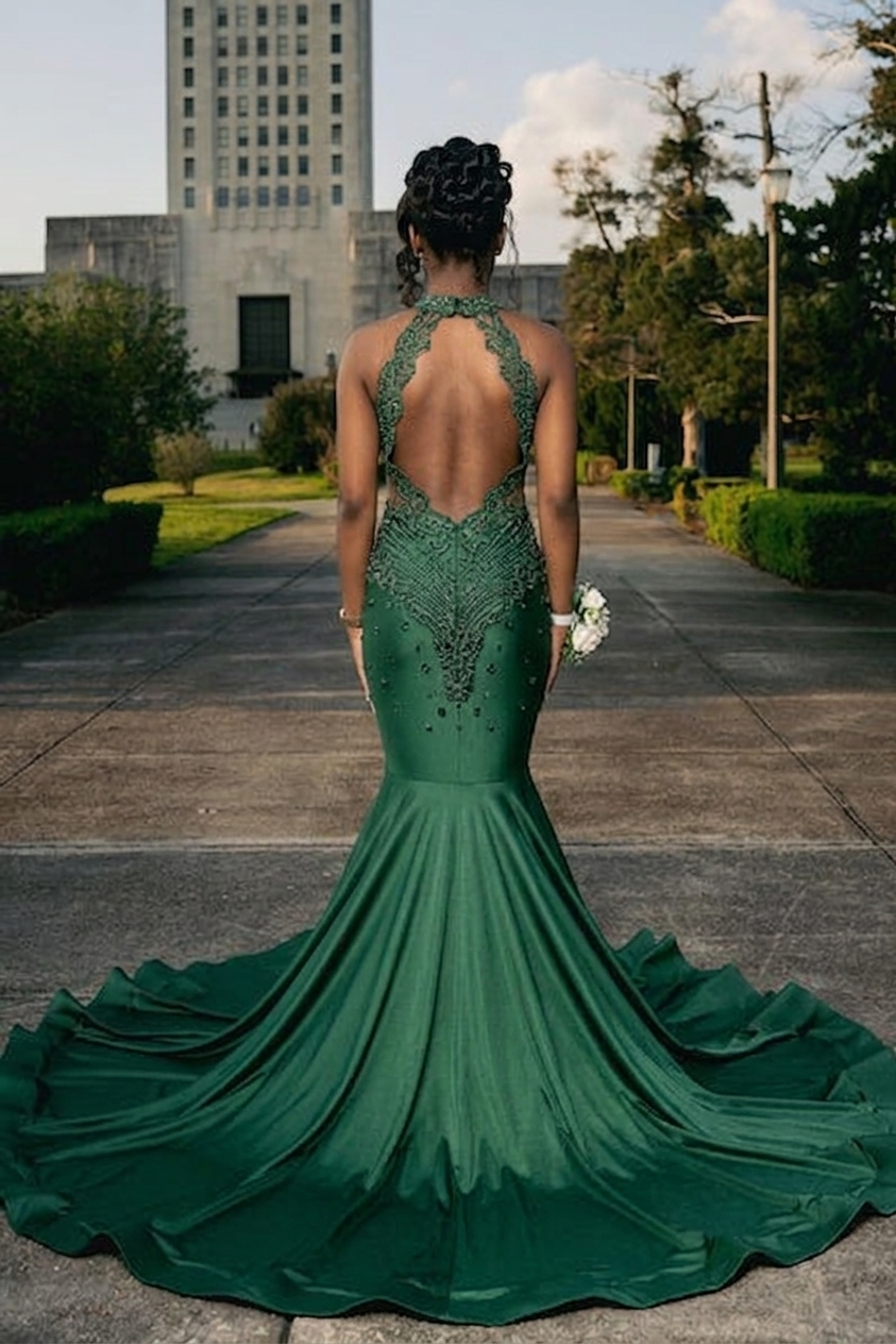 Robes de bal de forme sirène en satin longues vert foncé sans manches avec perles et dentelle