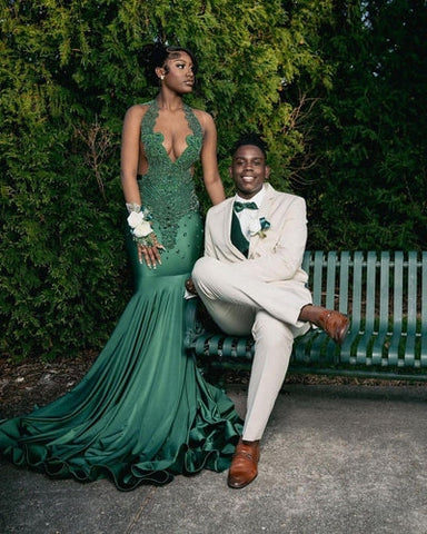 Dark Green Long Satin Mermaid Sleeveless Beading Prom Dresses With Lace
