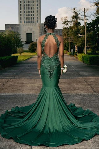 Dark Green Long Satin Mermaid Sleeveless Beading Prom Dresses With Lace