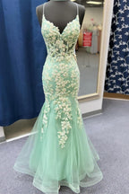 Mermaid V Neck Sage Green Tulle Lace Prom Dresses