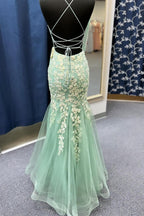 Mermaid V Neck Sage Green Tulle Lace Prom Dresses