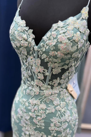 Mermaid V Neck Sage Green Tulle Lace Prom Dresses