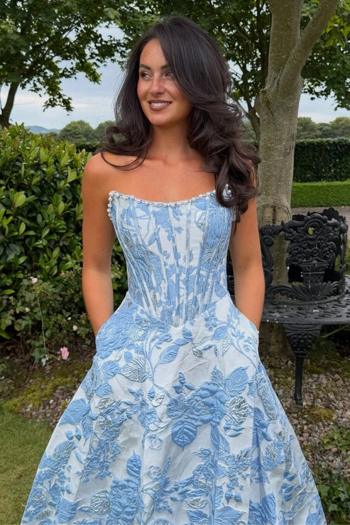 A Line Scoop Neck Jacquard Long Satin Prom Dresses
