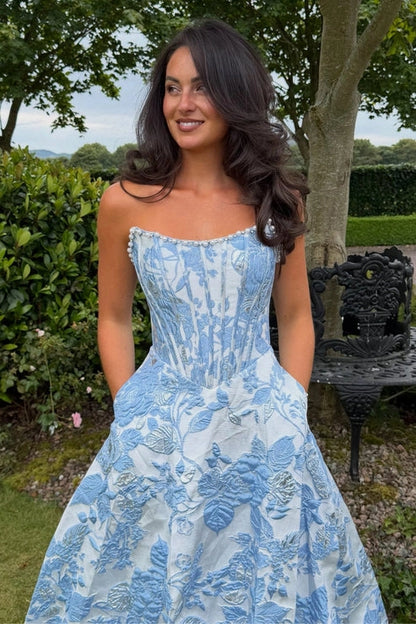 A Line Scoop Neck Jacquard Long Satin Prom Dresses