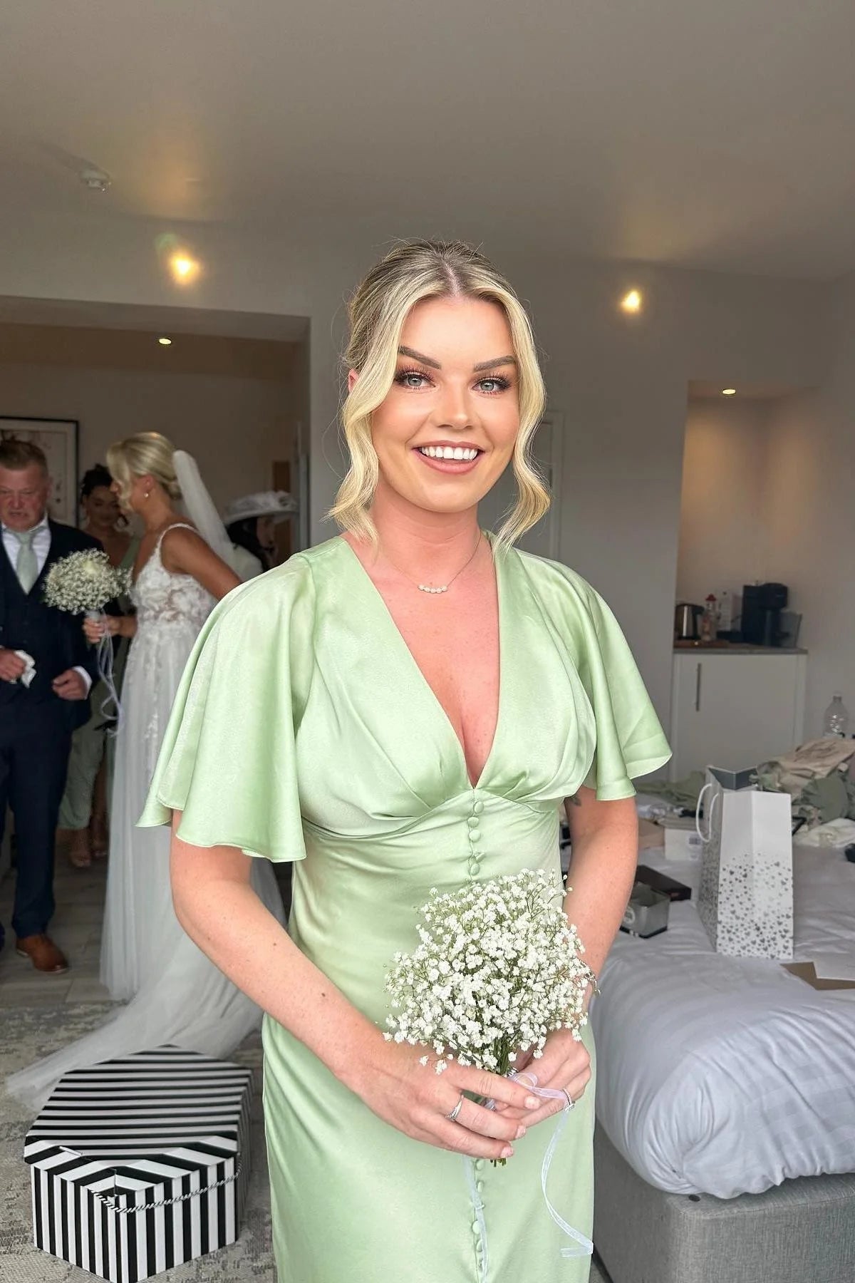 Simple Sheath V Neck Light Green Satin Bridesmaid Dresses