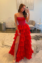 A Line Scoop Neck Chiffon Tiered Long Prom Dresses