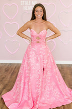 A Line Sweetheart Floral Printed Satin Long Pink Prom Dresses