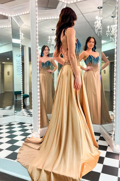 A-Line Strapless Gold Long Prom Dresses with Beadings,BD93304