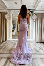 Mermaid Strapless Lilac Lace Long Prom Dresses