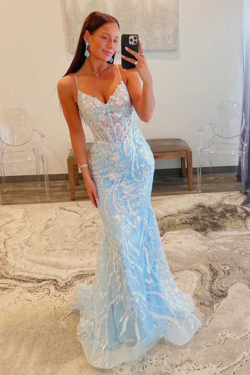 Light Blue Sequins Appliques V Neck Long Prom Dresses – luladress