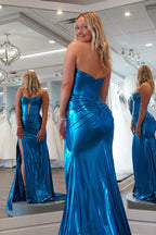 Mermaid Sweetheart Keyhole Blue Metallic Satin Prom Dresses
