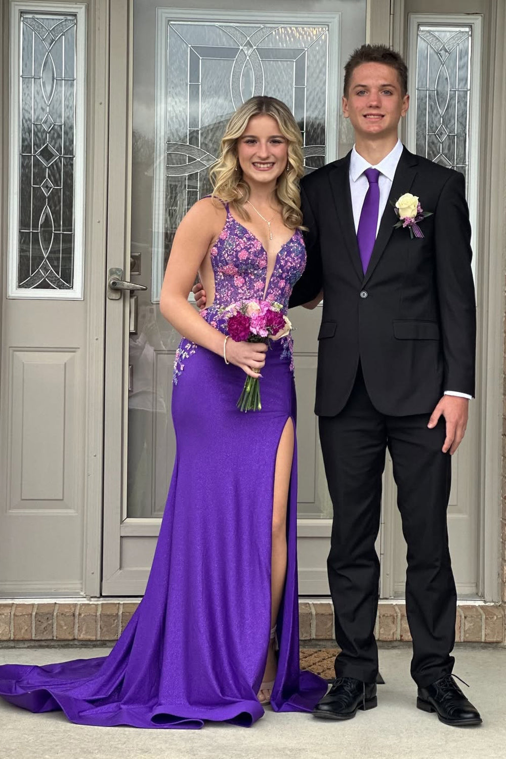Mermaid V Neck Purple Satin Prom Dresses
