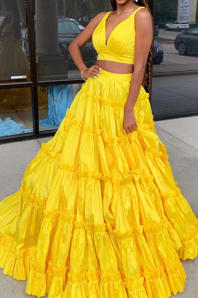 Yellow Two Piece Satin Long Prom Dresses,BD93151