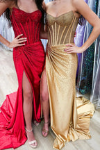 Mermaid Scoop Neck Gold Satin Prom Dresses
