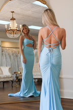 Mermaid Long Scoop Neck Light Blue Satin Prom Dresses