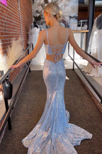 Mermaid Light Blue Sequin Twist-Front Lace-Up Long Prom Gown