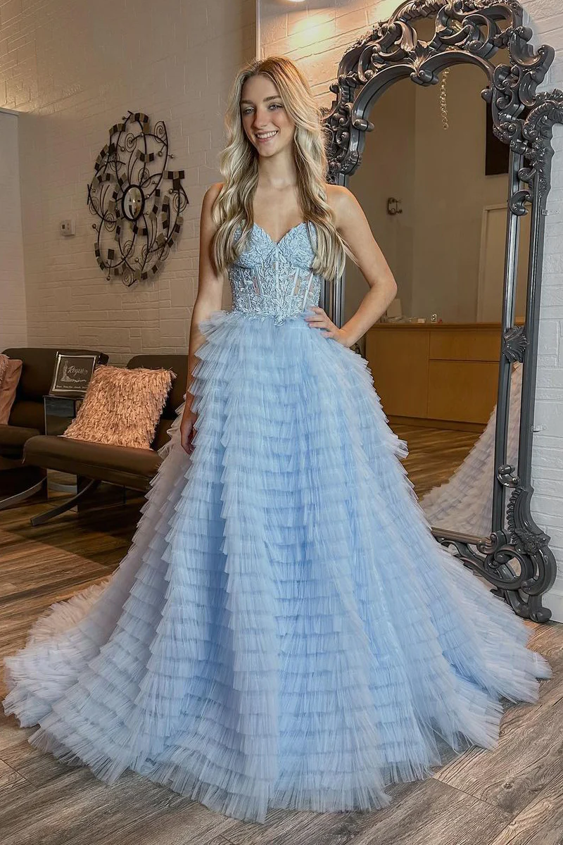 Light Blue Strapless Ruffle Tiered Tulle Long Prom Dresses with Appliques Pic Color / US4 Light Blue Strapless Ruffle Tiered Tulle Long Prom Dresses with Appliques Pic Color / US4