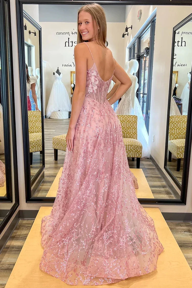 Glitter Sequin Lace Spaghetti Strap A-Line Long Prom Dresses Pic Color / US0