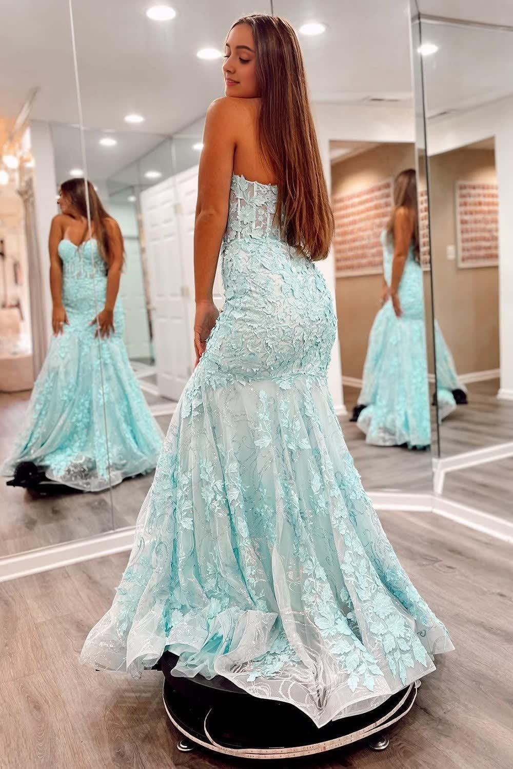 Sweetheart Mint Sparkly Lace Long Mermaid Prom Dresses
