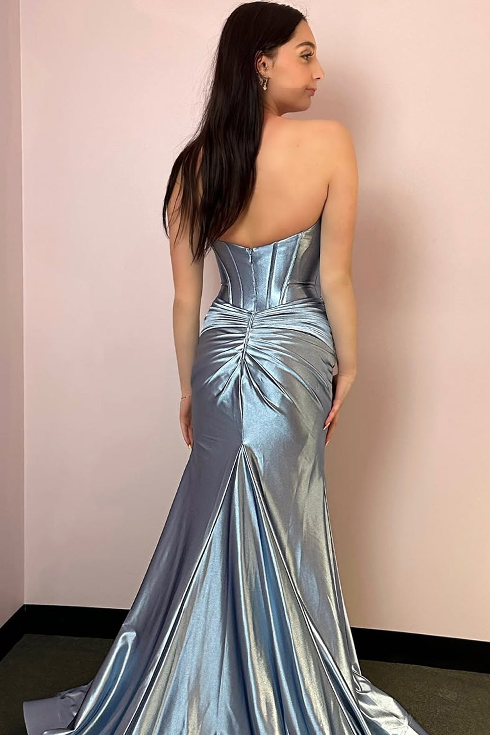 Mermaid Strapless Silver Satin Long Prom Dresses