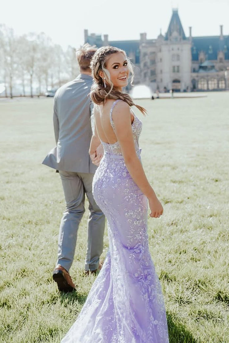 Mermaid Straps Lavender Long Tulle Prom Dresses