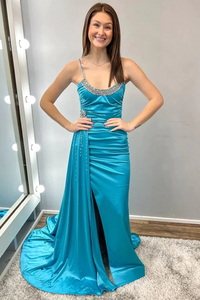 Teal Blue Beaded Spaghetti Strap Long Gown with Attached Train,BD93246