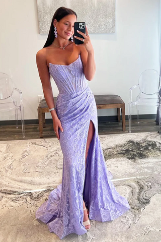 Lavender Lace Strapless Long Mermaid Prom Dresses,BD93183