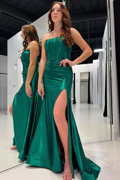 Emerald Satin Mermaid Long Prom Dresses with Detachable Shoulder Straps,BD93242