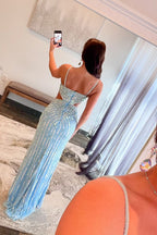 Mermaid V Neck Light Blue Beaded Slit Prom Dresses