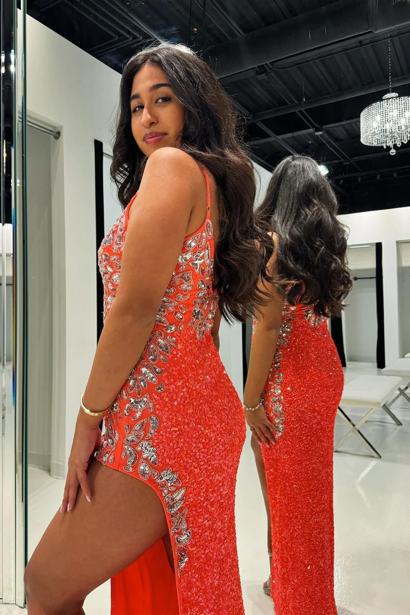 Orange Sequin Lace V Neck Mermaid Long Prom Dresses – luladress