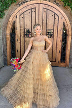 Elegant Ball Gown Long Strapless Gold Ruffle Tiered Tulle Prom Dresses Pic Color / US0 Elegant Ball Gown Long Strapless Gold Ruffle Tiered Tulle Prom Dresses Pic Color / US0
