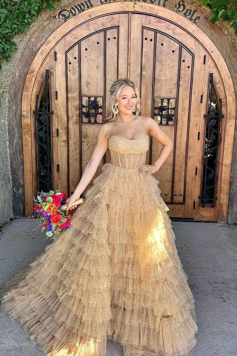 gold ruffle dress Tiered Buckle Detail a perfect blend of sophistication and fairy tale charm Elegant Ball Gown Long Strapless