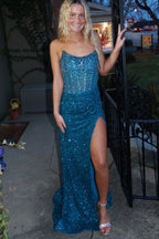 Mermaid Scoop Neck Long Blue Sequins Prom Dresses