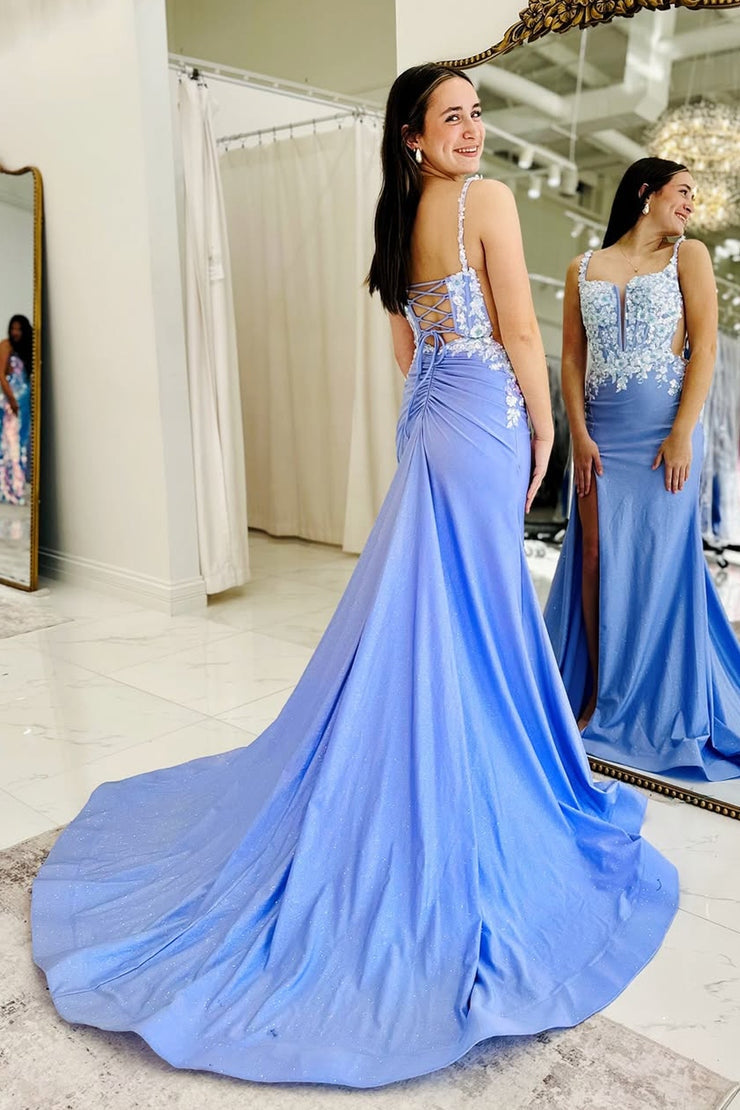 Mermaid Purple Satin Long  V Neck Prom Dresses