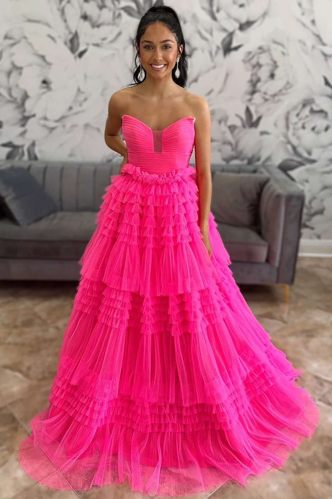 Hot Pink A-Line Strapless Tiered Tulle Prom Dresses,BD930859