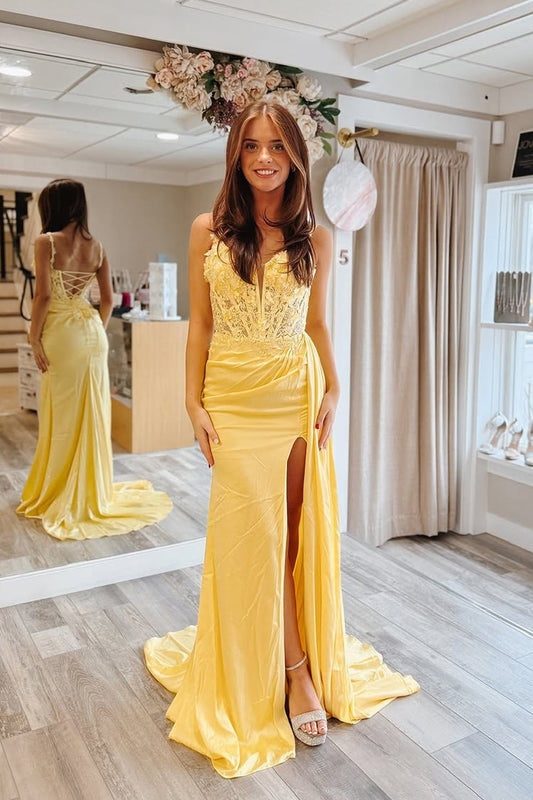Sheath Mermaid Sweetheart Yellow Satin Prom Dresses