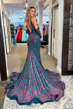Mermaid V Neck Blue Backless Long Prom Dresses