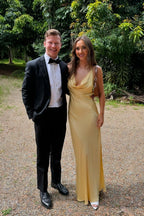 Sheath V Neck Yellow Silk Satin Bridesmaid Dresses