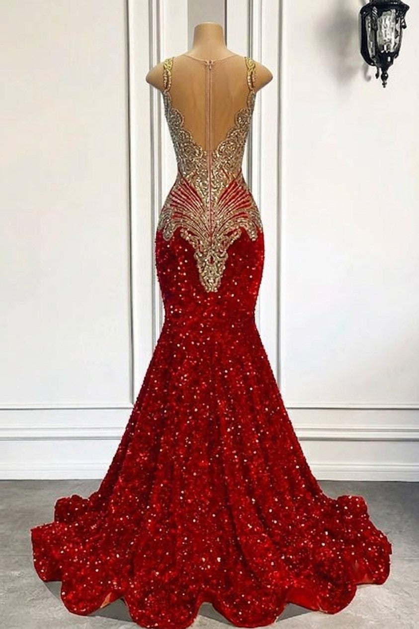 Robes de bal longues sirène rouges à paillettes sans manches avec cristaux