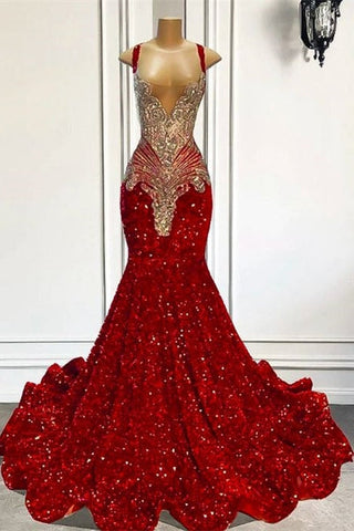Red Sequins Mermaid Long Prom Dresses Sleeveless With Crystal