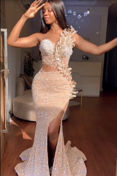 Longues robes de bal sirène en sequins avec fente, bustier cœur