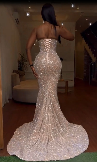 Longues robes de bal sirène en sequins avec fente, bustier cœur