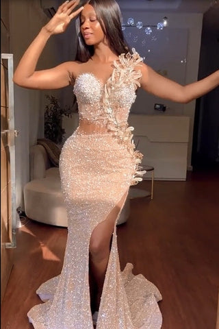 Long Sweetheart Mermaid Sequins Prom Dresses With Slit