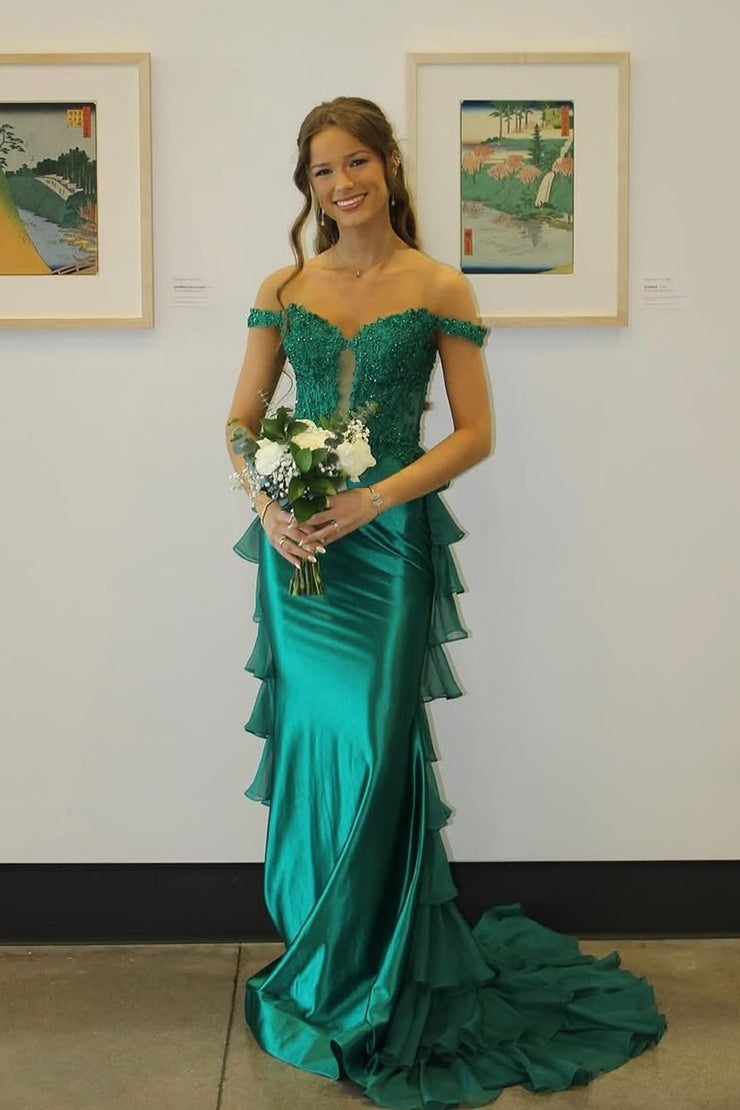 Mermaid Off the Shoulder Satin Green Long Prom Dresses