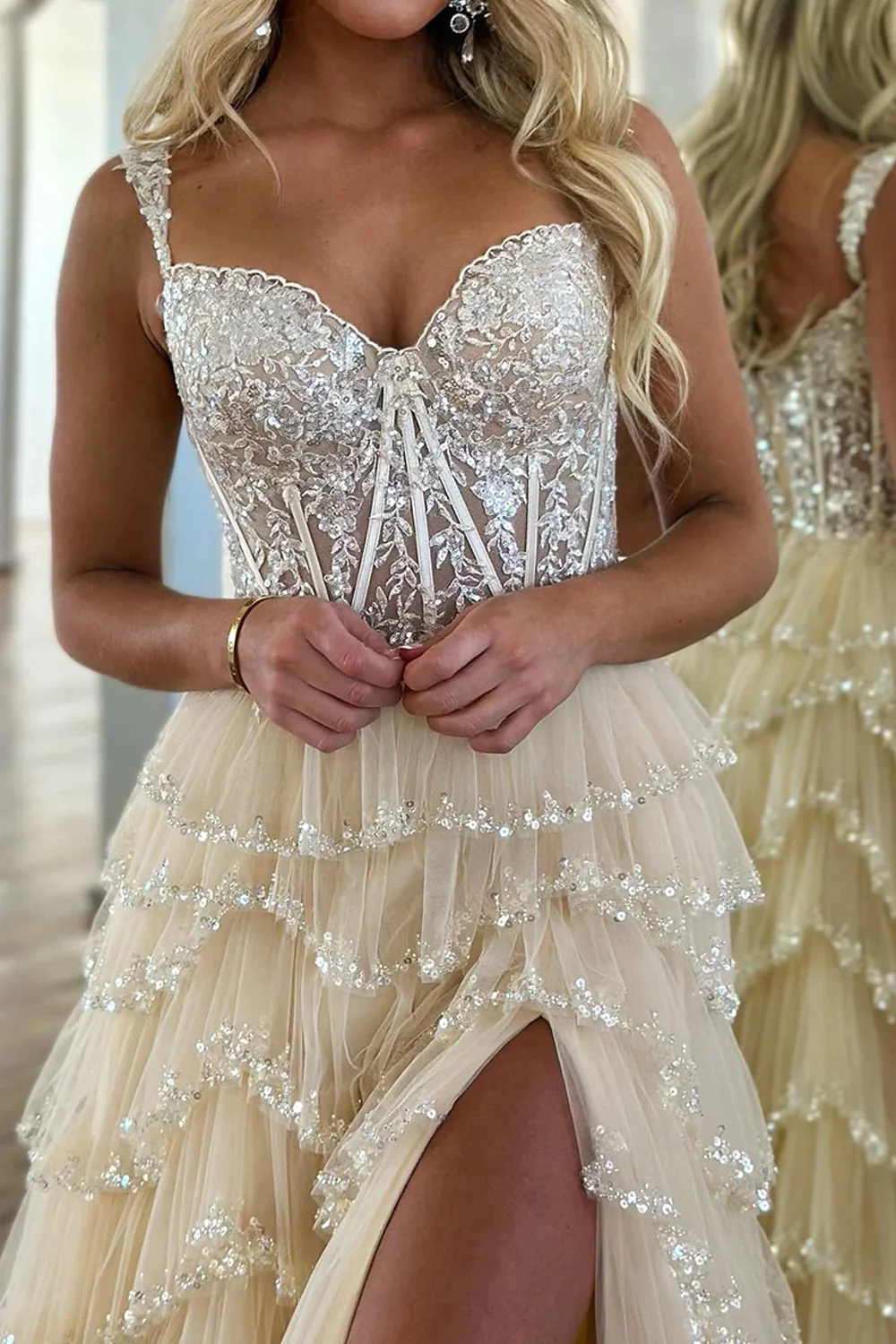 Long Glitter Beige Corset Tiered Tulle Prom Dresses luladress Long Glitter Beige Corset Tiered Tulle Prom Dresses luladress