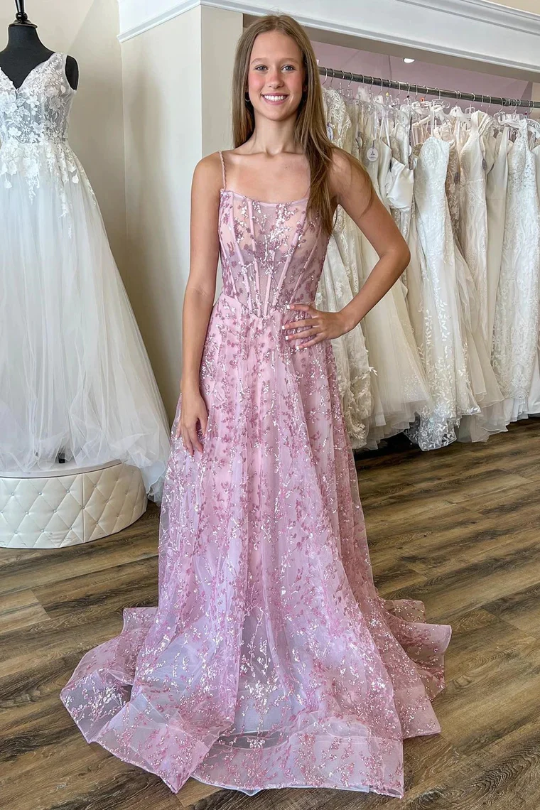 Glitter Sequin Lace Spaghetti Strap A-Line Long Prom Dresses Pic Color / US0