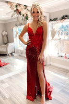 Mermaid V Neck Red Long Sequins Prom Dresses