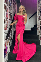 Mermaid Charming Strapless Fuchsia Satin Slit Prom Dresses