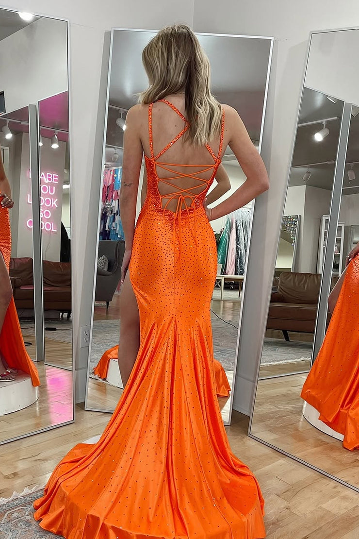 Mermaid V Neck Orange Satin Long Prom Dresses