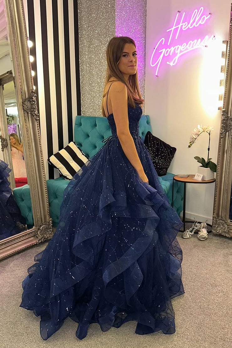 V Neck A Line Pink Ruffled Tulle Prom Dresses